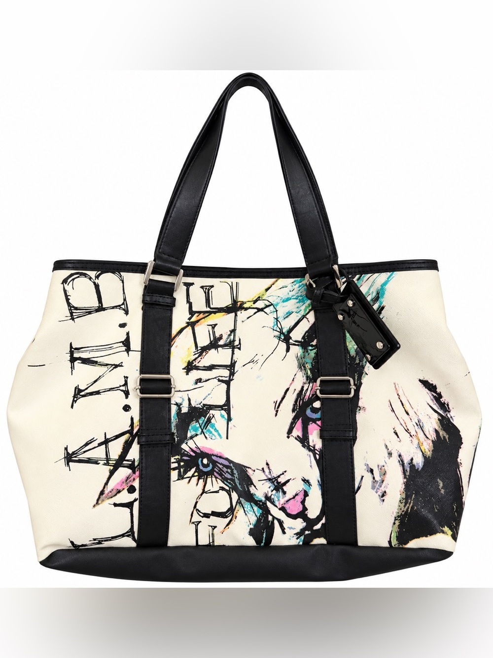 L.A.M.B. Cream Canvas Tote with Black Trim and Multicolor Graphic